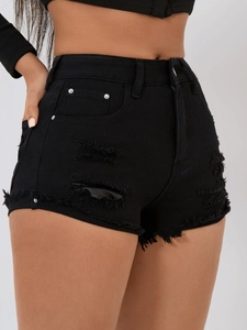 Close-up of black high-waisted denim shorts featuring distressed holes and frayed raw hems