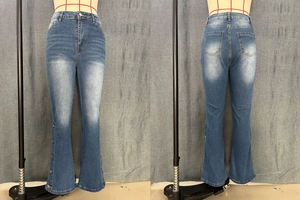 Front and back view of retro flared jeans with metal buttons on the leg opening
