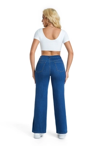 Detail view of high waist wide leg denim jeans with back pockets and classic stitching