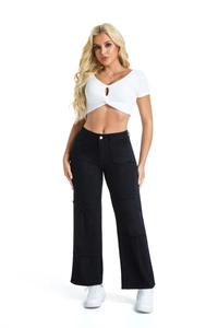 Detail of high-waist wide-leg denim jeans with frayed edge stitching and retro baggy fit