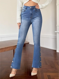 French Retro High Waist Slim Fit Flare Jeans For Women Side Button Washed Denim Bell Bottom Trousers Fashion Casual Jean