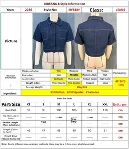 Size chart and material specs for cropped denim jacket with chest measurements