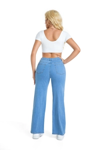 Back view of light blue high-waisted wide-leg denim jeans with classic patch pockets