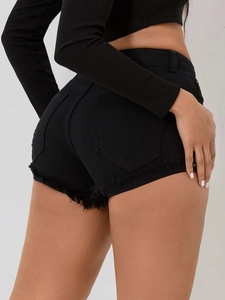 Slim fit black denim hot pants with frayed hem and pockets shown from the back view