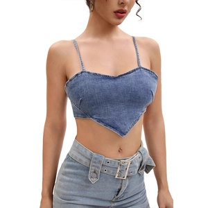 Damen Sexy Denim Crop Cami Top Herzförmiger Saum Hellblau Gewaschen Jeans Tank Top Y2K Streetwear Sommer Ärmellos Reißverschluss Weste