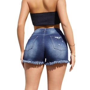 Pantaloncini di jeans a vita bassa da donna con strappi posteriori e orlo a frange blu scuro