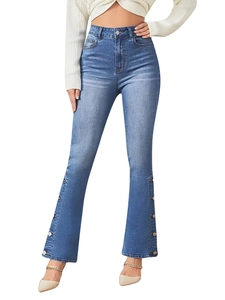 Women's vintage slim fit flare jeans with high waist and five buttons at the hem