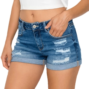 Distressed blue low waist denim shorts with cuffed hem and metal button details
