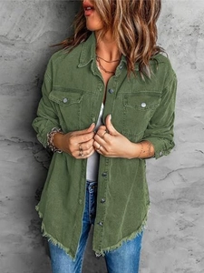 Detail of olive green denim jacket with distressed fringe hem and metal buttons