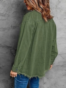 Detail of green chenille jacket featuring a distressed raw-edge hem and loose fit