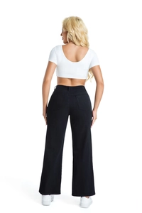 Rear view of black high-waisted wide-leg denim pants showing symmetrical back pockets