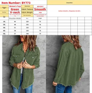 Size chart for green V-neck jacket with 1XL-5XL dimensions and care instructions