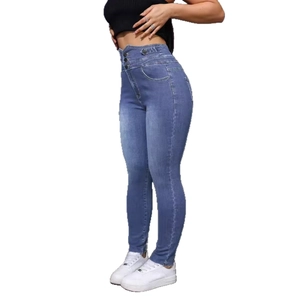 Damen Skinny Jeans mit hoher Taille, Vier-Knopf-Verschluss und offener Saumkante