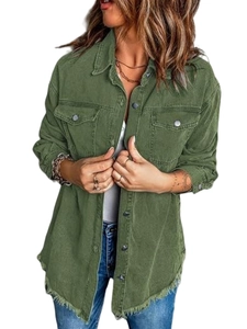 Detail of army green denim jacket with raw hem and metallic buttons on white background