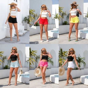 Women's summer low-waist denim shorts with distressed frayed hem in six vibrant colors