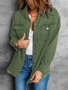 Detail view of olive green shacket featuring raw hem edge and buttoned flap pockets