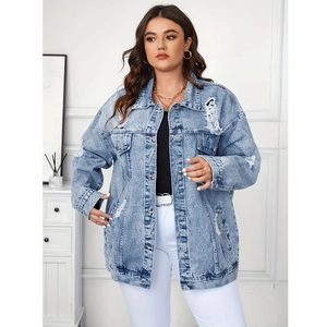 Oversized light blue distressed denim jacket with ripped details and silver buttons