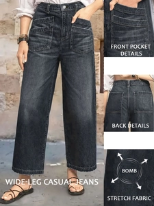 Detail view of high-waist stretch denim trousers with large front pockets and back accents