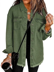 Detail of frayed hem and chest pockets on olive green chenille jacket for women