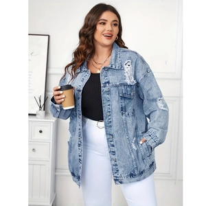 Oversized distressed light blue denim jacket for women with acid wash and ripped details