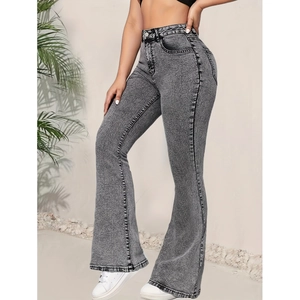 Jean Évasé Taille Haute Grande Taille pour Femme Denim Extensible Gris Foncé Délavage à l'Acide Coupe Slim Rétro