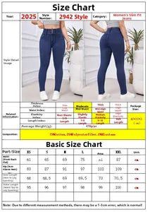 Detailed size chart and specifications for high stretch skinny denim jeans for women