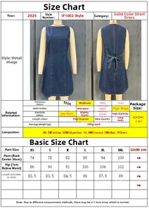 Detaillierte Größentabelle für Damen Denim Minikleid mit Stoffzusammensetzung und Maßen