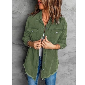 Women Plus Size Green Denim Jacket Cotton Casual Loose Lapel Long Sleeve Top With Frayed Hem Cargo Pockets Frayed Jacket