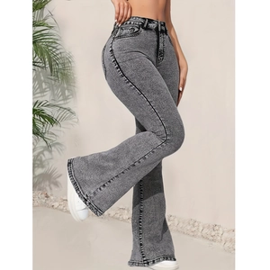 Jean évasé taille haute ajusté en denim gris foncé pour femmes avec effet délavé rétro