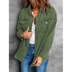 Army green oversized denim shacket for women with raw hem and metal buttons