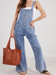 Detail of light blue denim overalls with button front and side pockets for casual style
