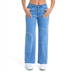 Women High Waist Patchwork Wide Leg Jeans Raw Hem Distressed Straight Denim Pants Cotton Blend Streetwear Fashion Bottoms