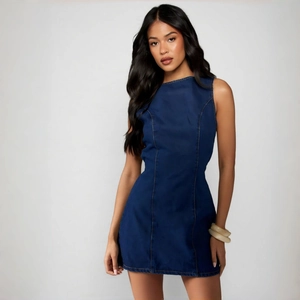Damen Ärmellos Denim Mini Kleid Rundhalsausschnitt A-Linie Baumwolle Slim Fit Jeans Sommerkleid Mit Schnürung Für Freizeit Party