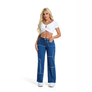Women's vintage high waist patchwork wide leg denim jeans with stylish frayed details