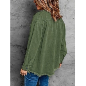 Women's green chenille utility denim jacket with long sleeves and frayed hem detail