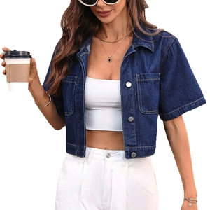 Women's short sleeve dark blue denim jacket in washed cotton with slim fit and metal buttons