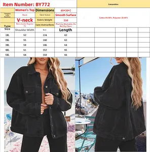 Size chart for black oversized denim jacket with measurements from 1XL to 5XL