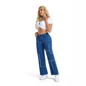 Women's vintage wide-leg cargo jeans in dark blue with distressed patchwork details