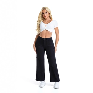 Women's black high-waisted wide-leg denim cargo jeans with unique seam stitching details