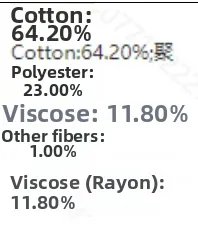 Detailed fabric composition label showing 64.2% cotton and 23% polyester material mix