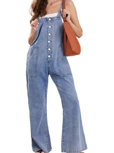Detail of light blue wide-leg denim overalls featuring five white buttons and large pockets