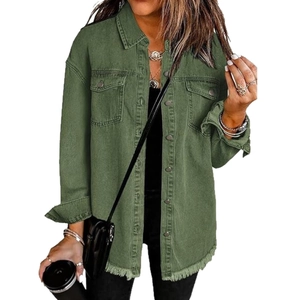 Women's army green denim jacket with chest pockets and raw hem in casual street style