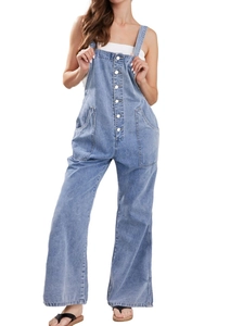Detail view of light blue denim overalls with front buttons and large utility pockets