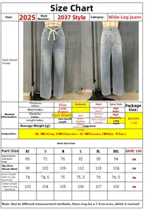 Detailed size chart for high-waisted wide leg jeans with measurements in centimeters