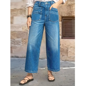 Women High Waist Wide Leg Denim Jeans Slimming Large Size Washed Distressed Long Pants With Large Pockets Loose Fit Jeans