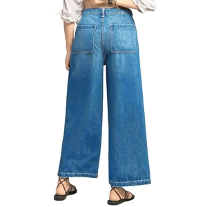 High-waisted wide-leg denim jeans in medium blue wash from a back view showing pockets