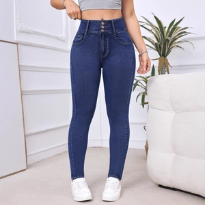 Women's High Waisted Skinny Jeans For Women 3 Button Slim Fit Elastic Washed Denim Pencil Pants Casual Fashion Blue Trousers