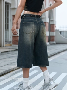 Rear view of retro washed wide-leg denim capris with high-waist fit and back pockets