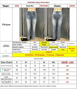 Tableau des tailles et détails du tissu pour jean slim bleu femme avec mesures
