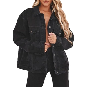 Oversized black denim jacket for women featuring chest flap pockets and silver metal buttons